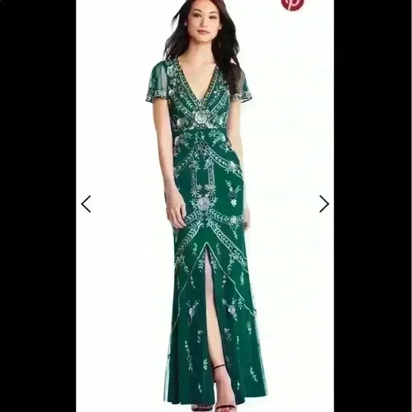 Aidan Mattox Green Floral Slit V Neck Short Sleeve Beaded Maxi Dress - Picture 1 of 13